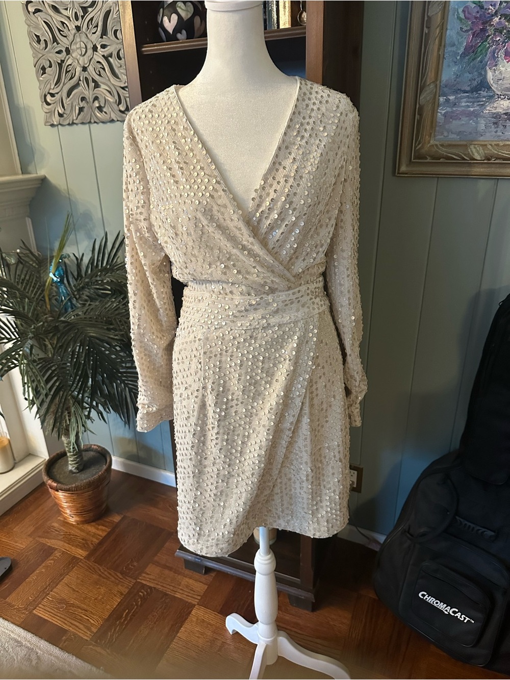Sequin Wrap Mini Dress in Cream